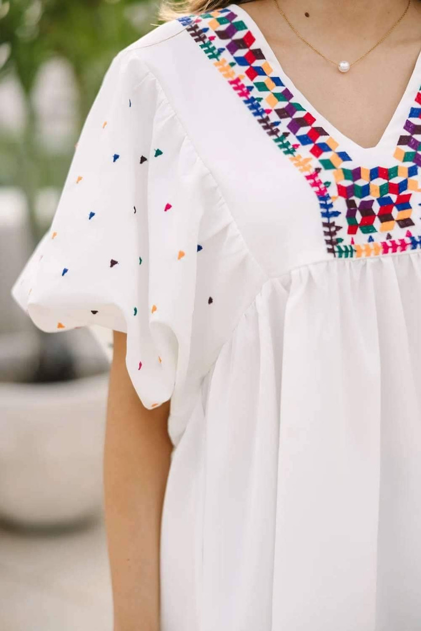 White Embroidered Puff Sleeve V Neck Blouse White Embroidered Puff Sleeve V Neck Blouse