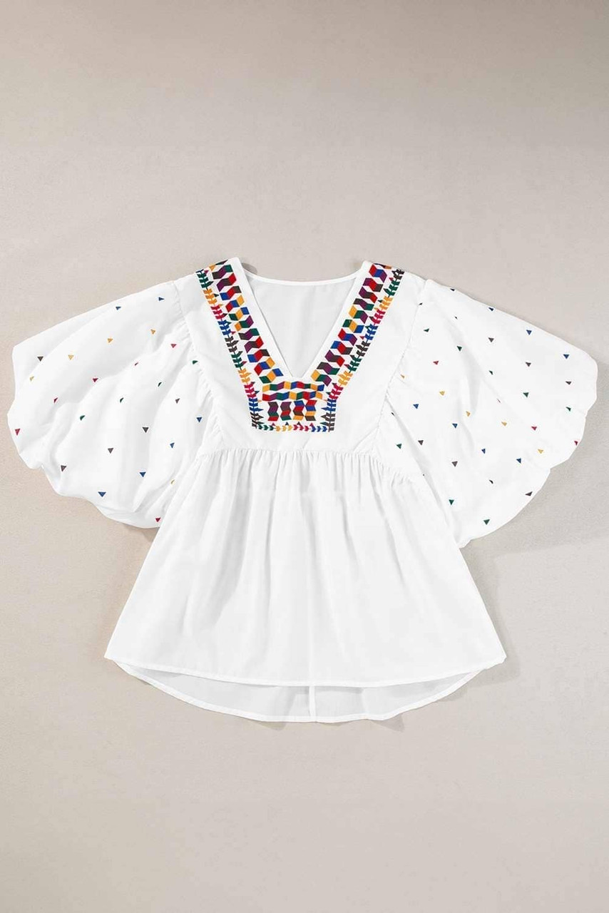 White Embroidered Puff Sleeve V Neck Blouse White Embroidered Puff Sleeve V Neck Blouse