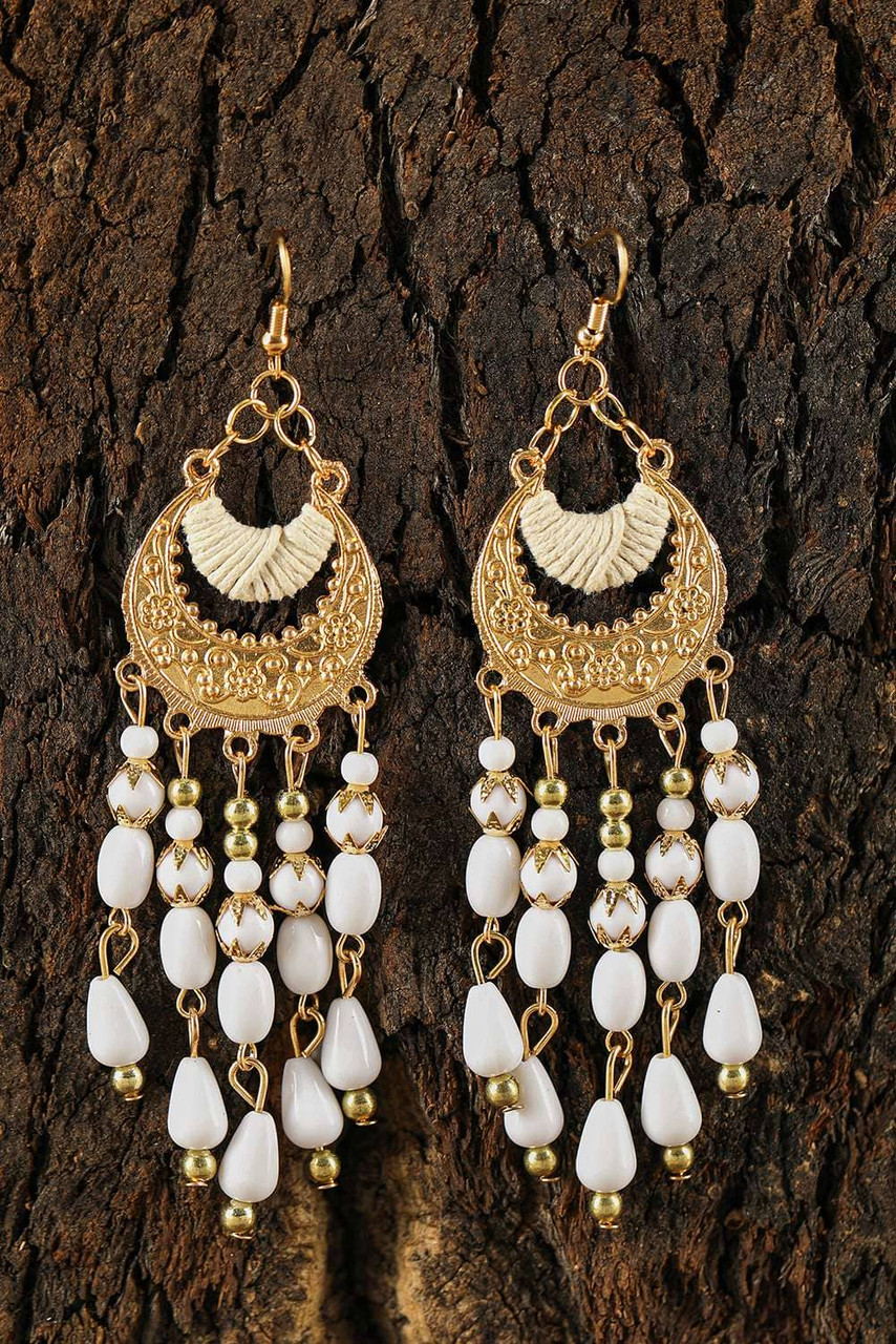 White Boho Beaded Tassel Alloy Charm Earrings