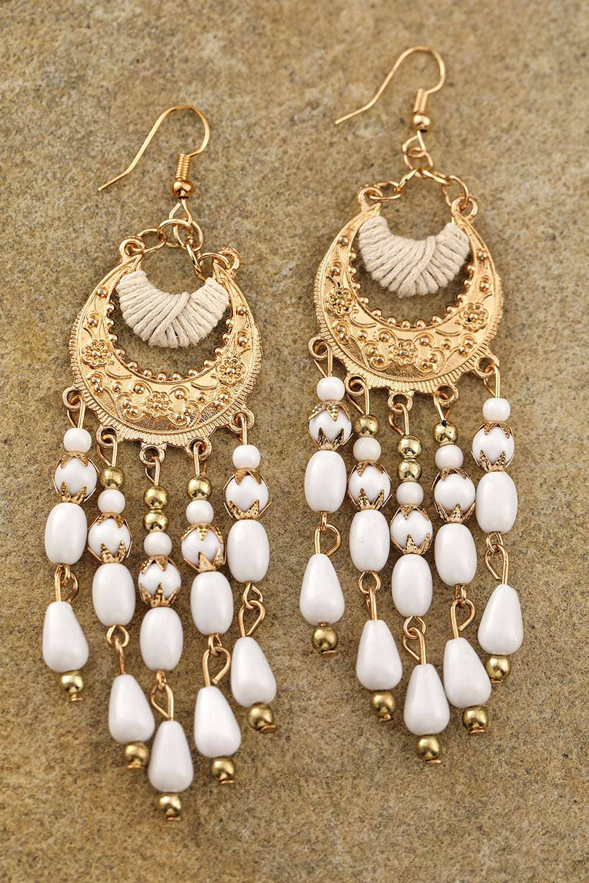 White Boho Beaded Tassel Alloy Charm Earrings