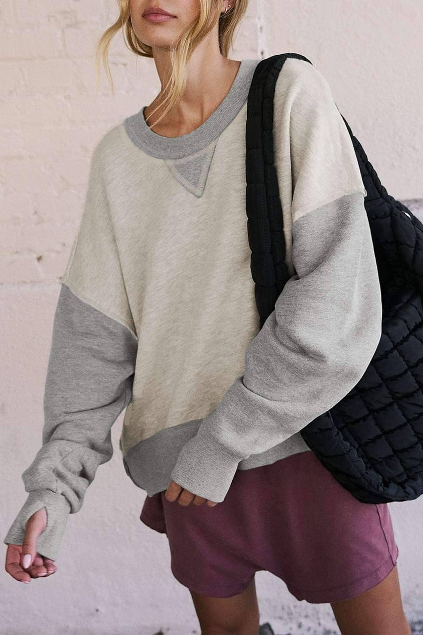 Light Grey Color Block Thumbhole Sleeve Drop Shoulder Sweatshirt Light Grey Color Block Thumbhole Sleeve Drop Shoulder Sweatshirt