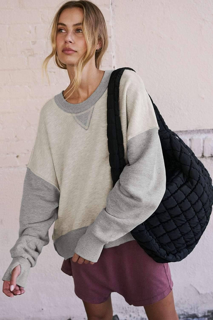 Light Grey Color Block Thumbhole Sleeve Drop Shoulder Sweatshirt Light Grey Color Block Thumbhole Sleeve Drop Shoulder Sweatshirt