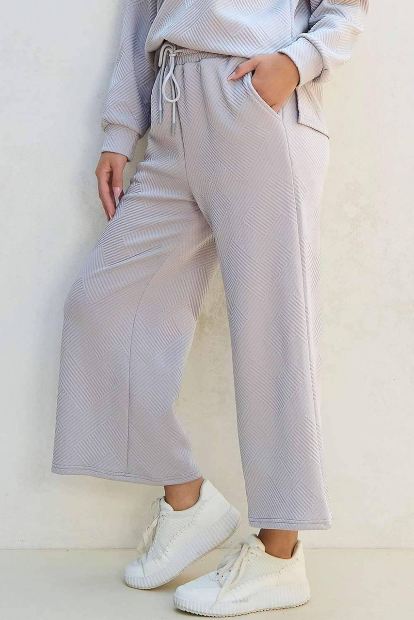 Light Grey Solid Textured Collared V Neck Top and Wide Leg Pants Set