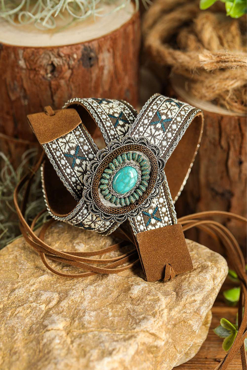 Light Blue Western Pattern Turquoise Decor Lace-up PU Leather Hat Band Light Blue Western Pattern Turquoise Decor Lace-up PU Leather Hat Band