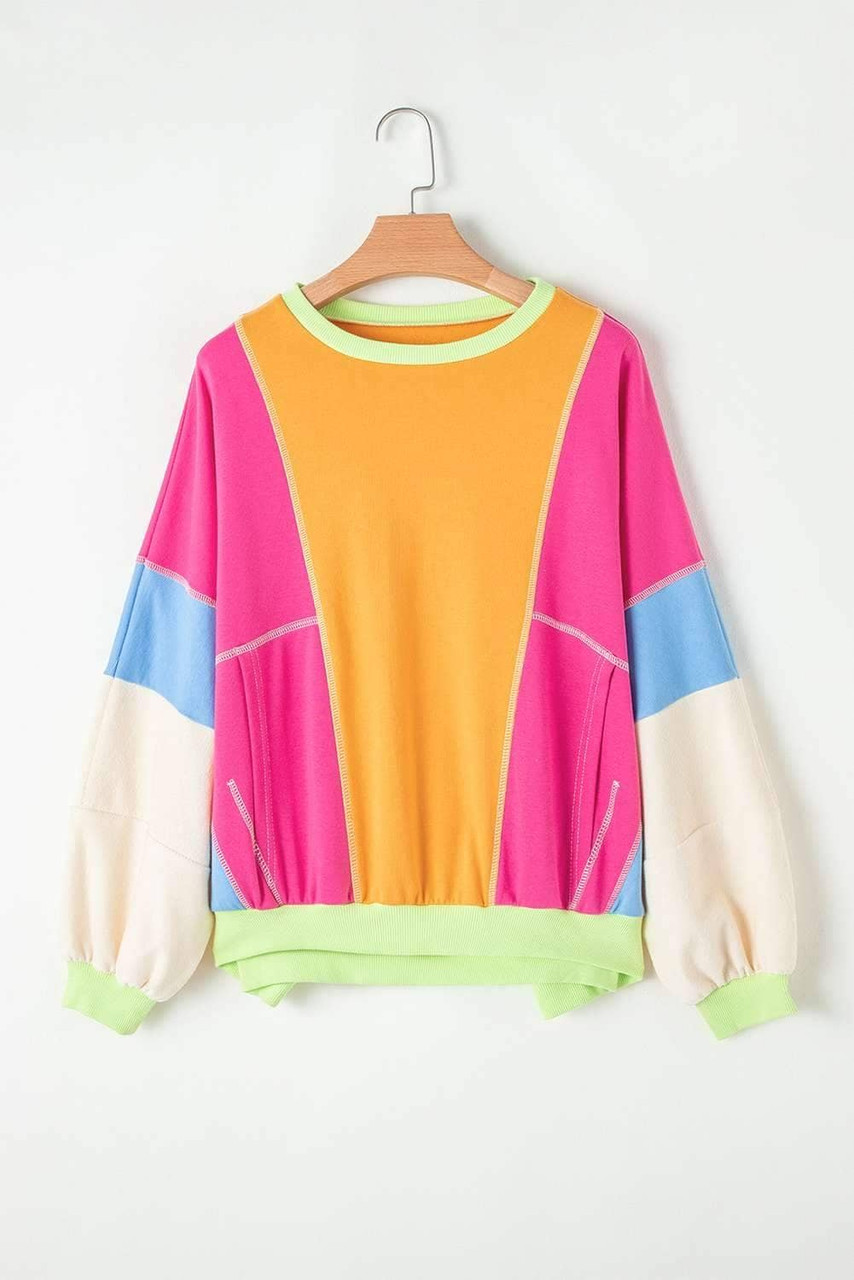 Grapefruit Orange Colorblock Patchwork Exposed Stitching Oversize Top