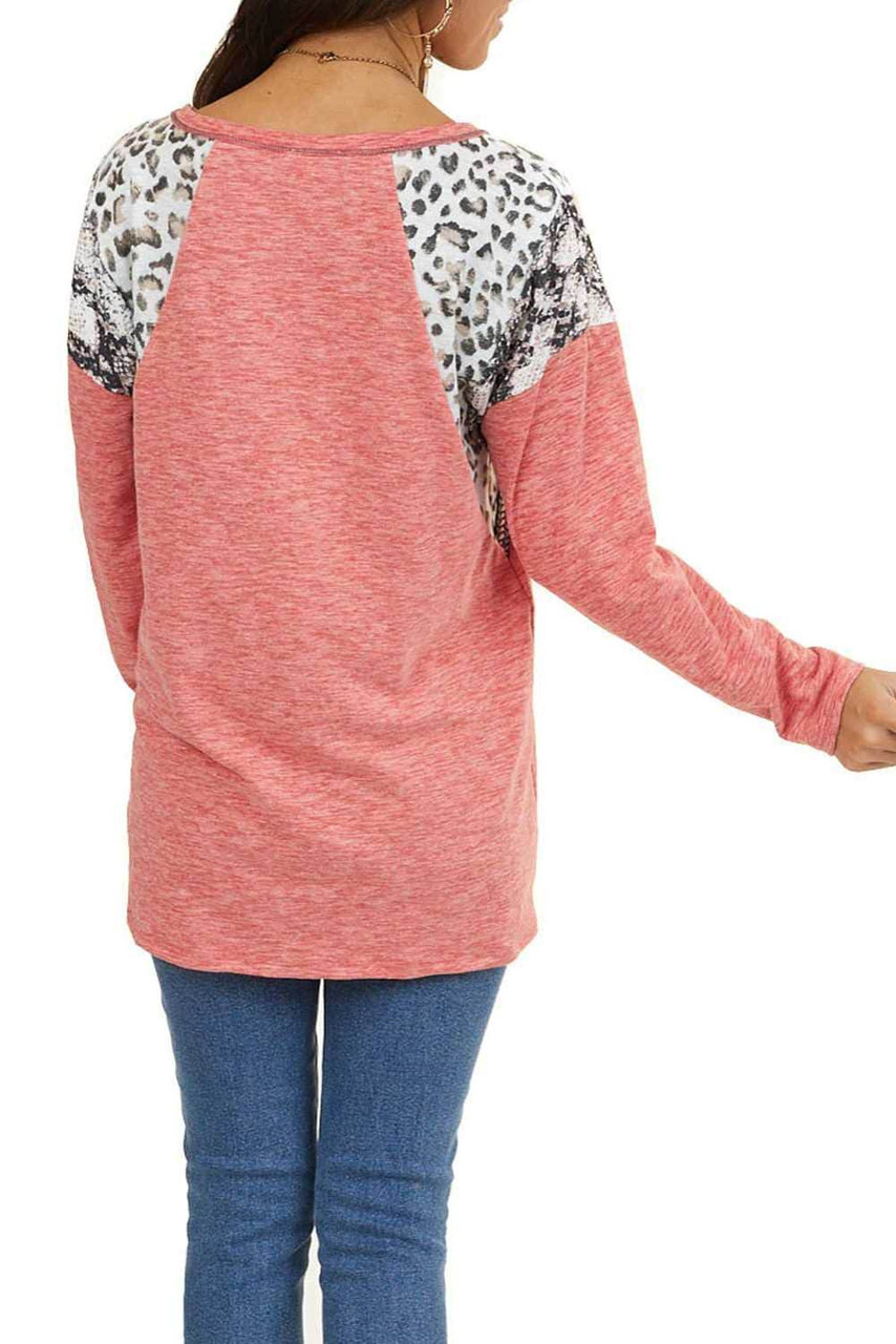 Pink Long Sleeve Top With Leopard Snakeskin Print