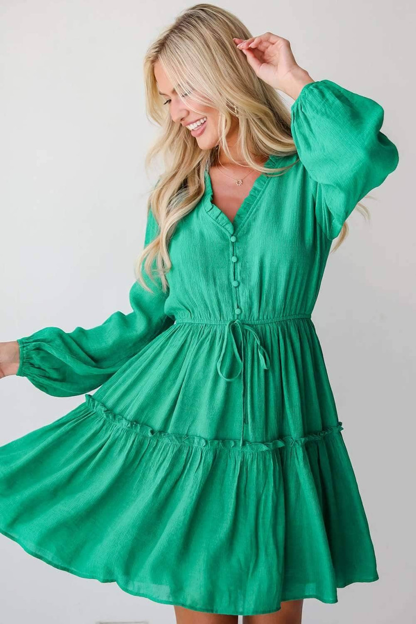 Sea Green Frilly V Neck Puff Sleeve Drawstring Shift Mini Dress
