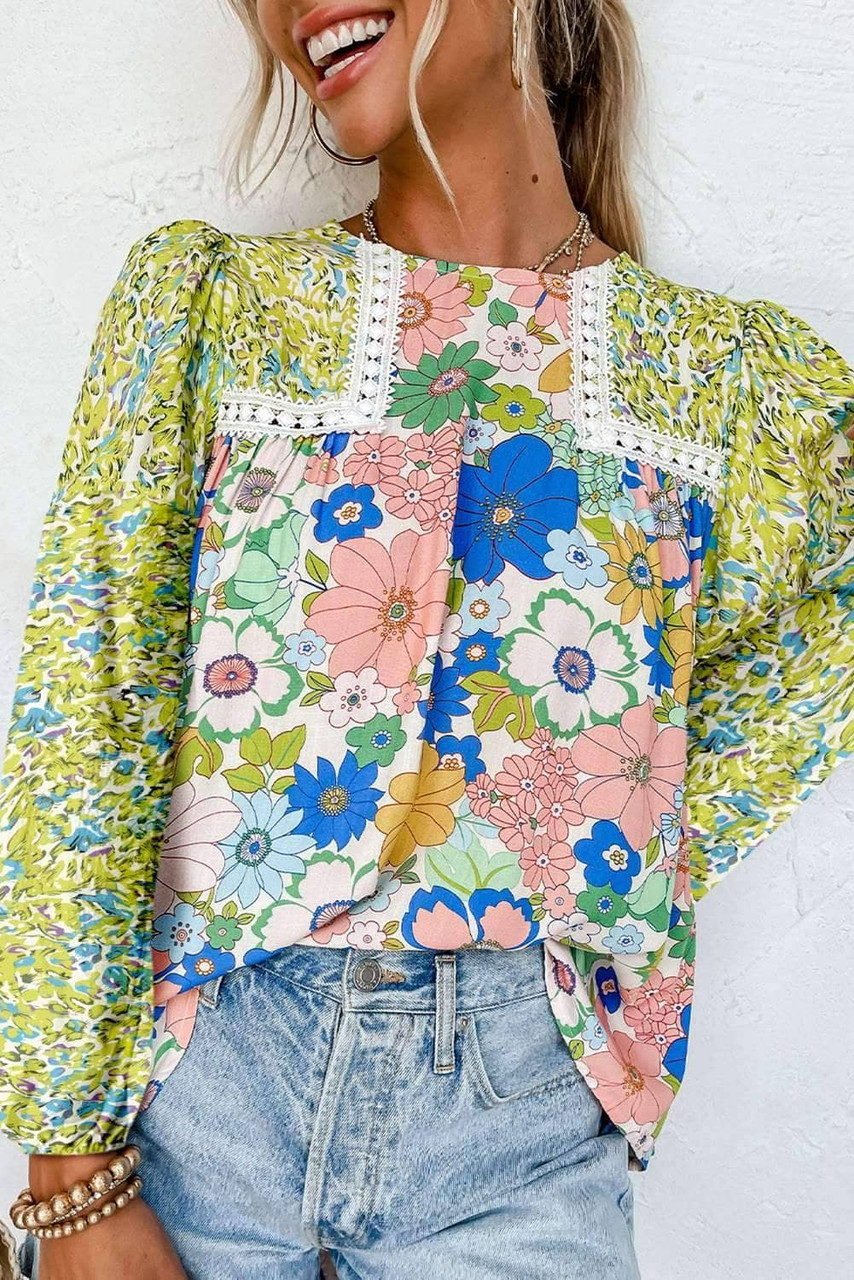 Green Mixed Floral Print Long Sleeve Blouse Green Mixed Floral Print Long Sleeve Blouse