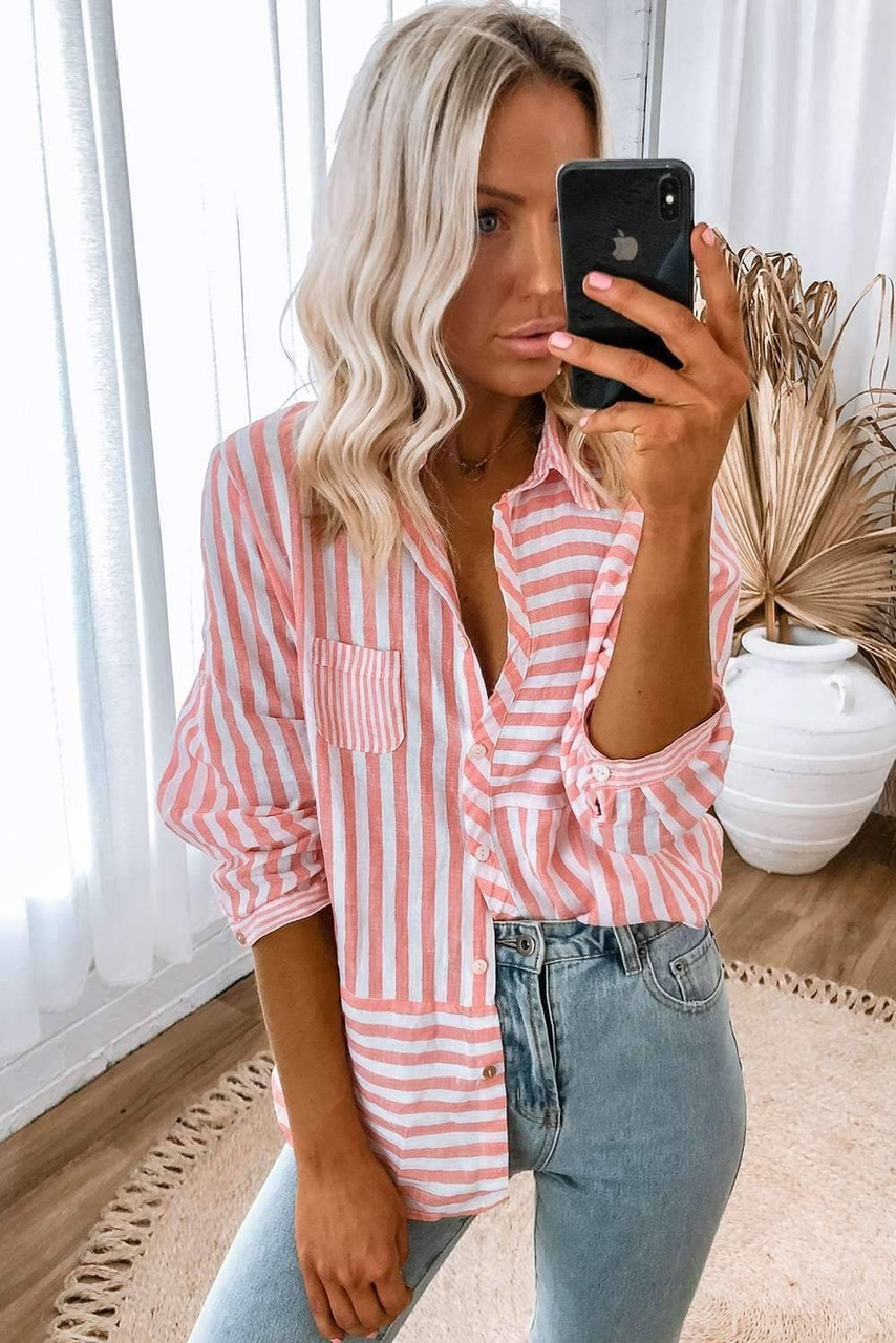 Pink Stripe Buttoned Long Sleeve Casual Shirt