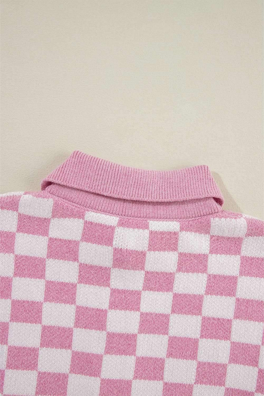 Pink Checkered Buttons Collar V Neck Drop Shoulder Sweater