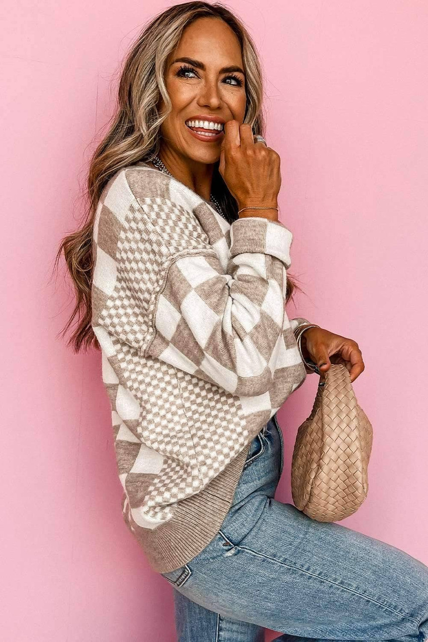 Khaki Checkered Print Drop Shoulder Round Neck Sweater Khaki Checkered Print Drop Shoulder Round Neck Sweater