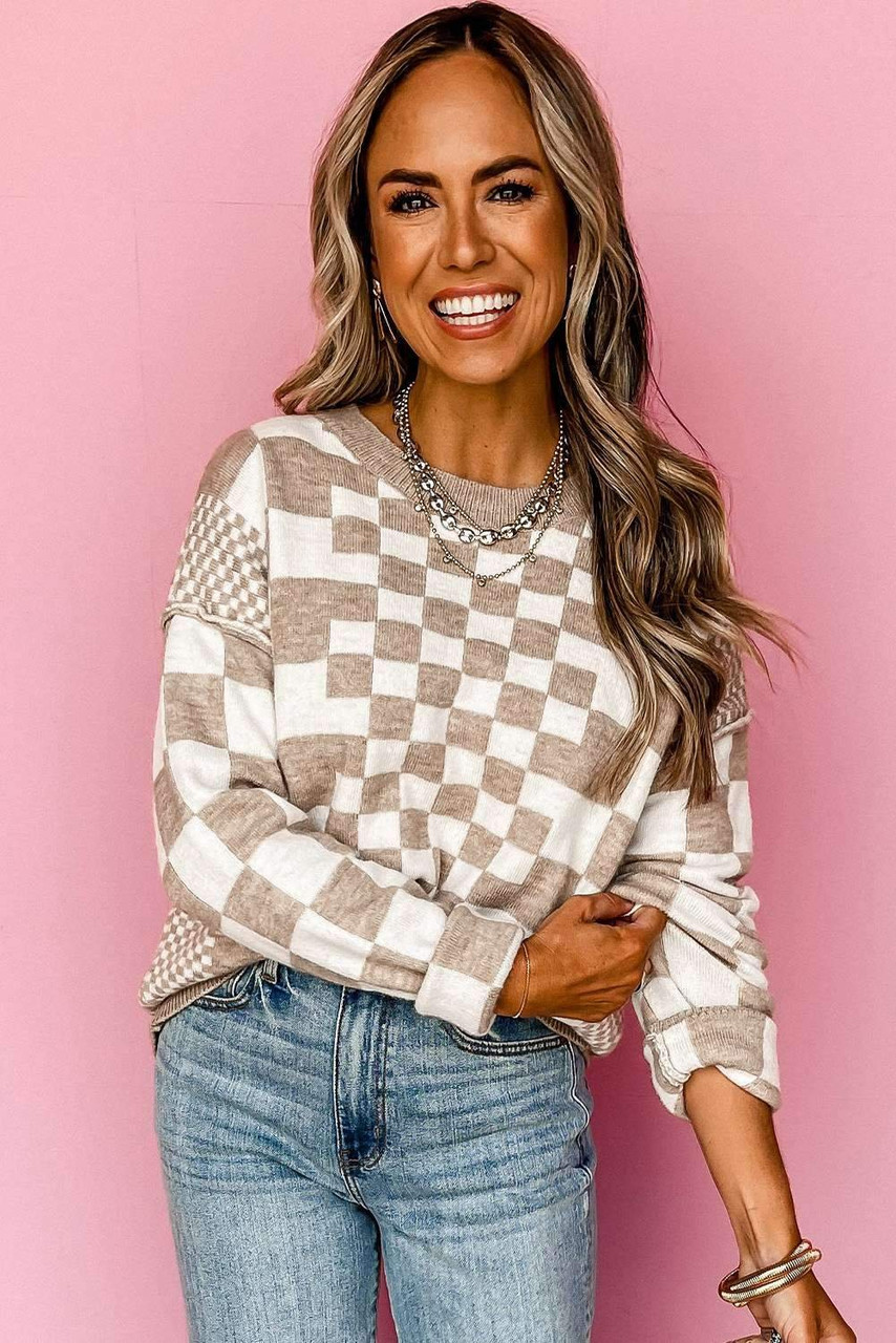 Khaki Checkered Print Drop Shoulder Round Neck Sweater Khaki Checkered Print Drop Shoulder Round Neck Sweater