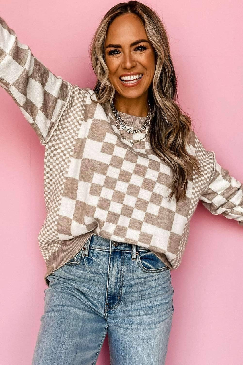 Khaki Checkered Print Drop Shoulder Round Neck Sweater Khaki Checkered Print Drop Shoulder Round Neck Sweater