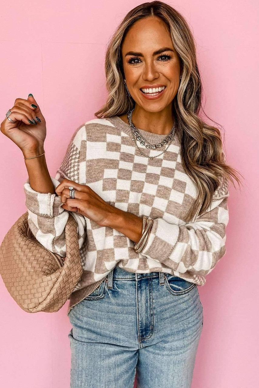 Khaki Checkered Print Drop Shoulder Round Neck Sweater Khaki Checkered Print Drop Shoulder Round Neck Sweater