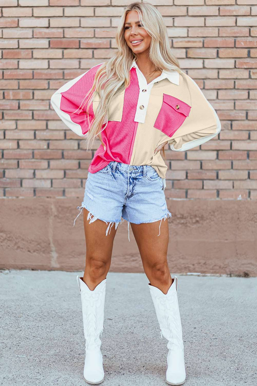 Rose Red Colorblock Ribbed Collared Oversized Sweatshirt Rose Red Colorblock Ribbed Collared Oversized Sweatshirt