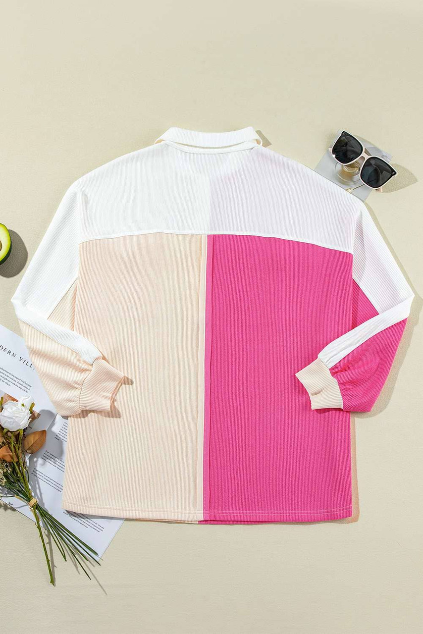 Rose Red Colorblock Ribbed Collared Oversized Sweatshirt Rose Red Colorblock Ribbed Collared Oversized Sweatshirt