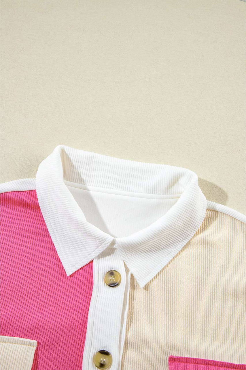 Rose Red Colorblock Ribbed Collared Oversized Sweatshirt Rose Red Colorblock Ribbed Collared Oversized Sweatshirt