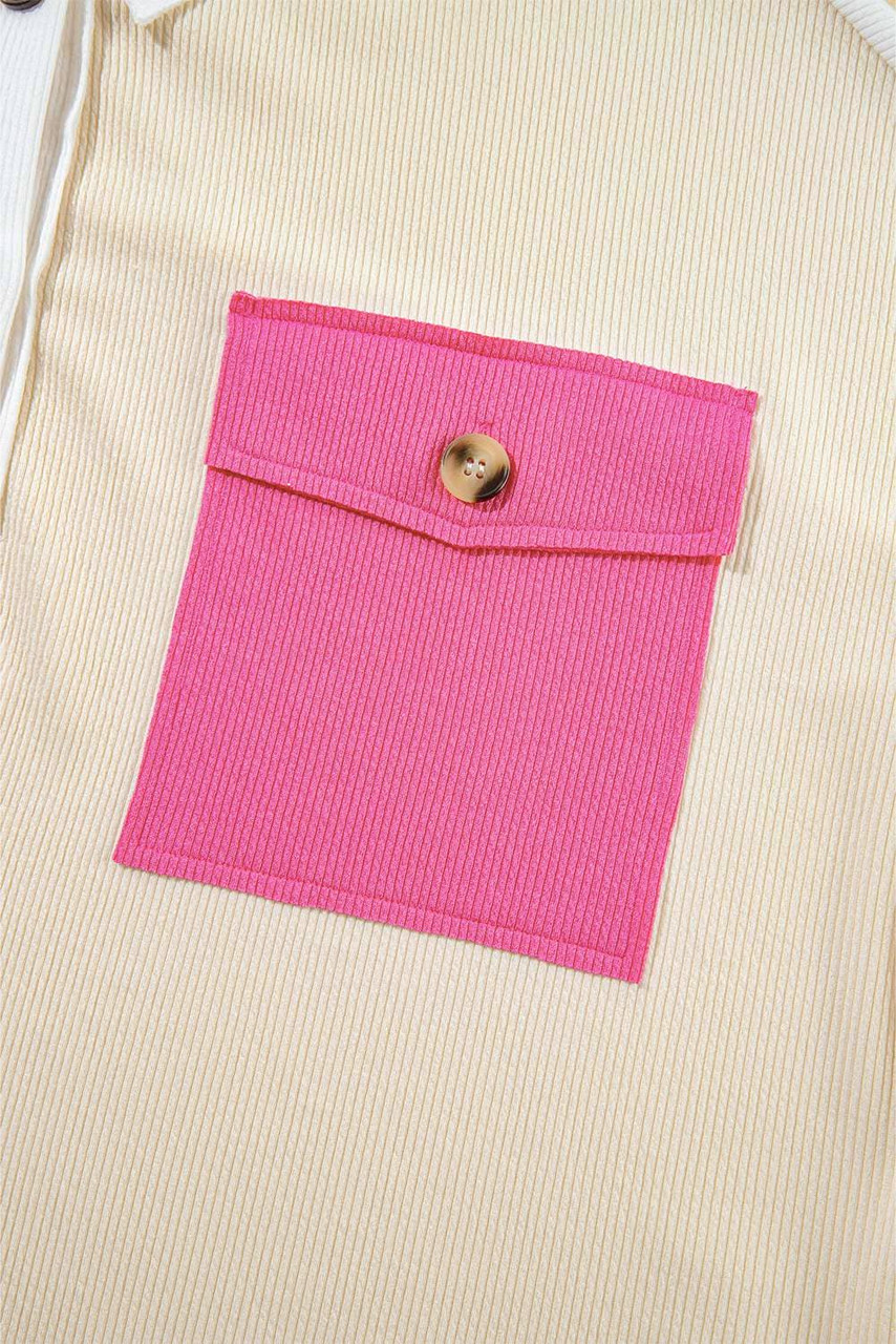 Rose Red Colorblock Ribbed Collared Oversized Sweatshirt Rose Red Colorblock Ribbed Collared Oversized Sweatshirt