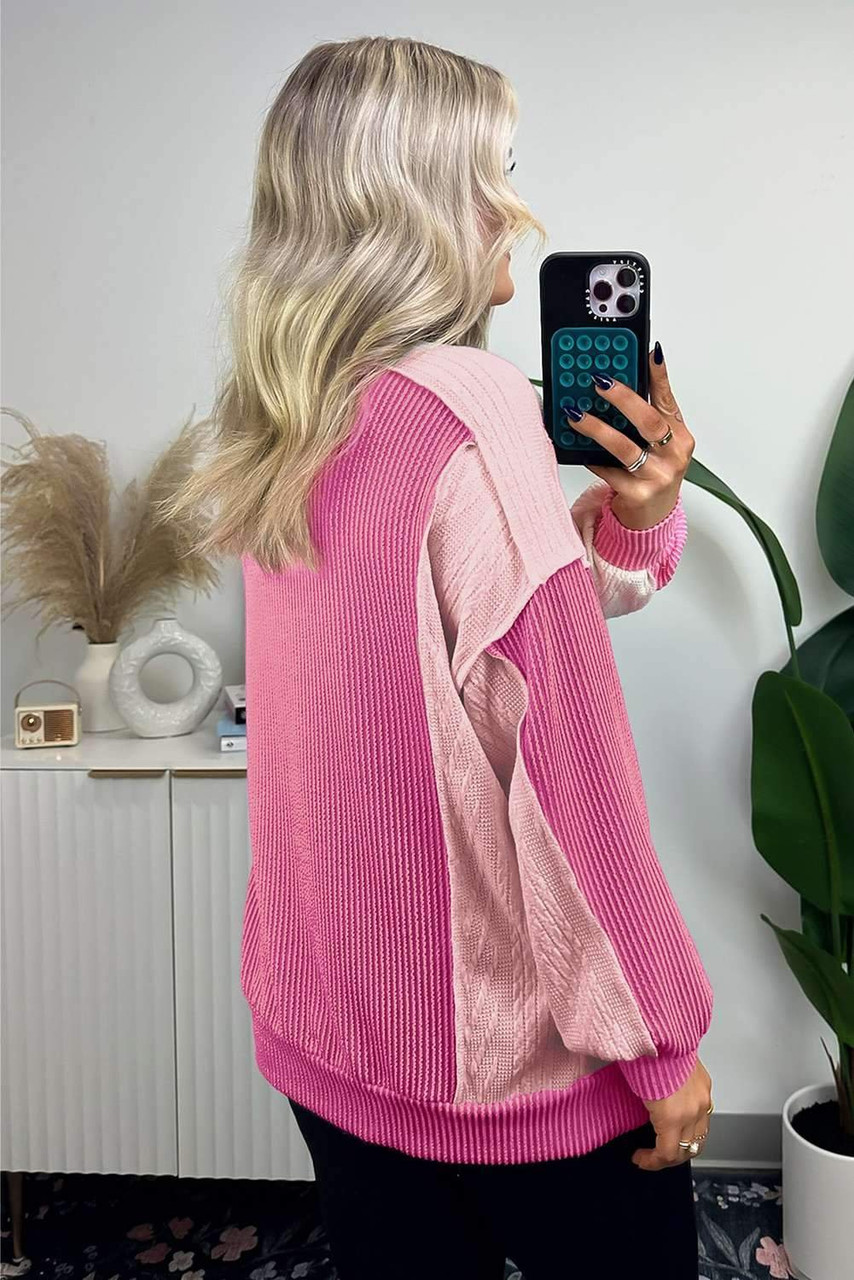 Bonbon Cable Knit Colorblock Exposed Seam Sweatshirt