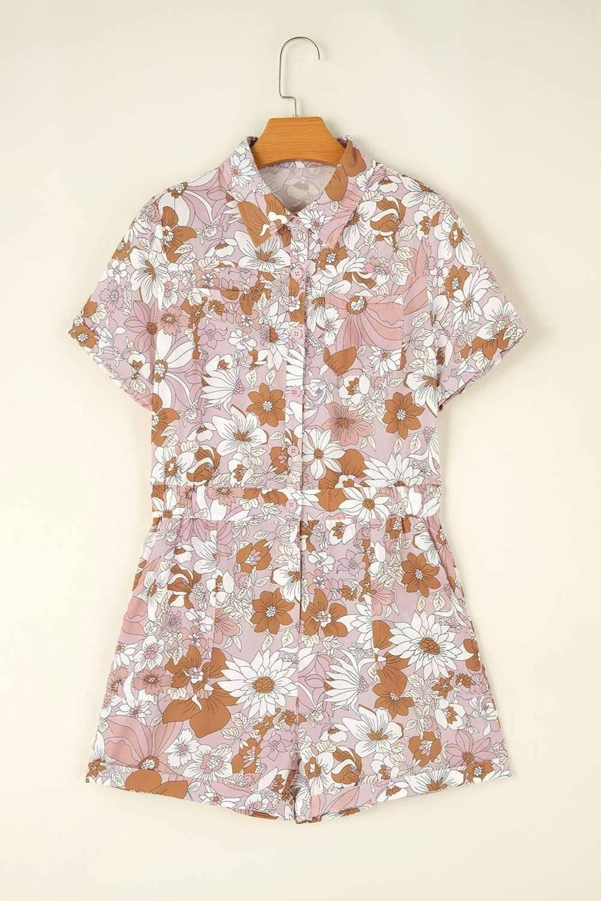 Pink Floral Short Sleeve Collared Button Front Romper Pink Floral Short Sleeve Collared Button Front Romper