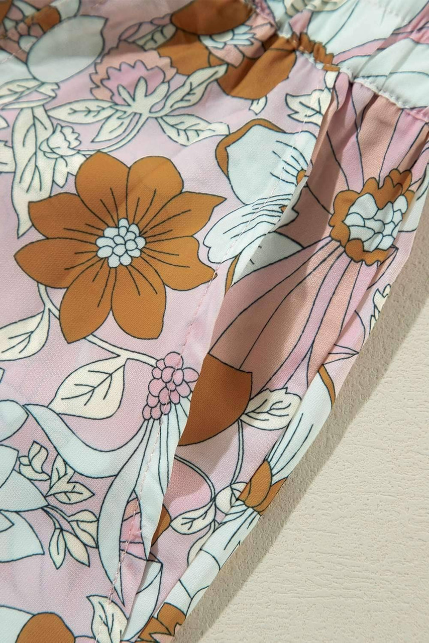 Pink Floral Short Sleeve Collared Button Front Romper Pink Floral Short Sleeve Collared Button Front Romper
