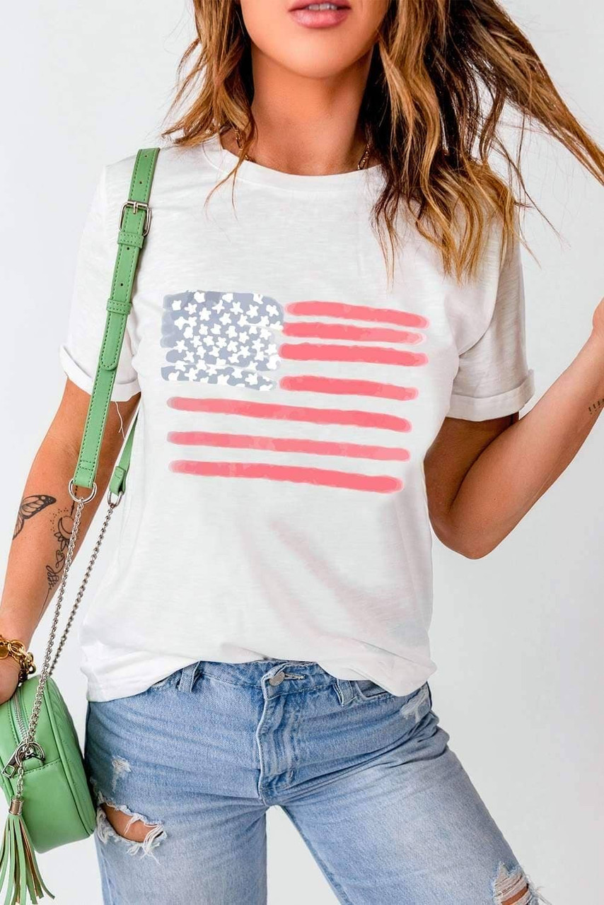 White American Flag Pattern Crew Neck Short Sleeve Tee White American Flag Pattern Crew Neck Short Sleeve Tee