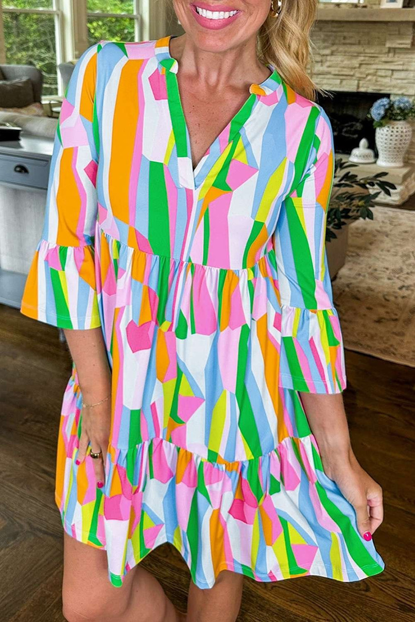 Green Abstract Print Ruffled Sleeve V Neck Dress Green Abstract Print Ruffled Sleeve V Neck Dress