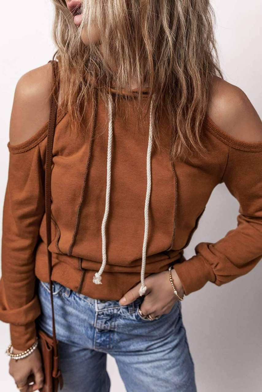 Cinnamon Exposed Seam Cold Shoulder Drawstring Hoodie Cinnamon Exposed Seam Cold Shoulder Drawstring Hoodie
