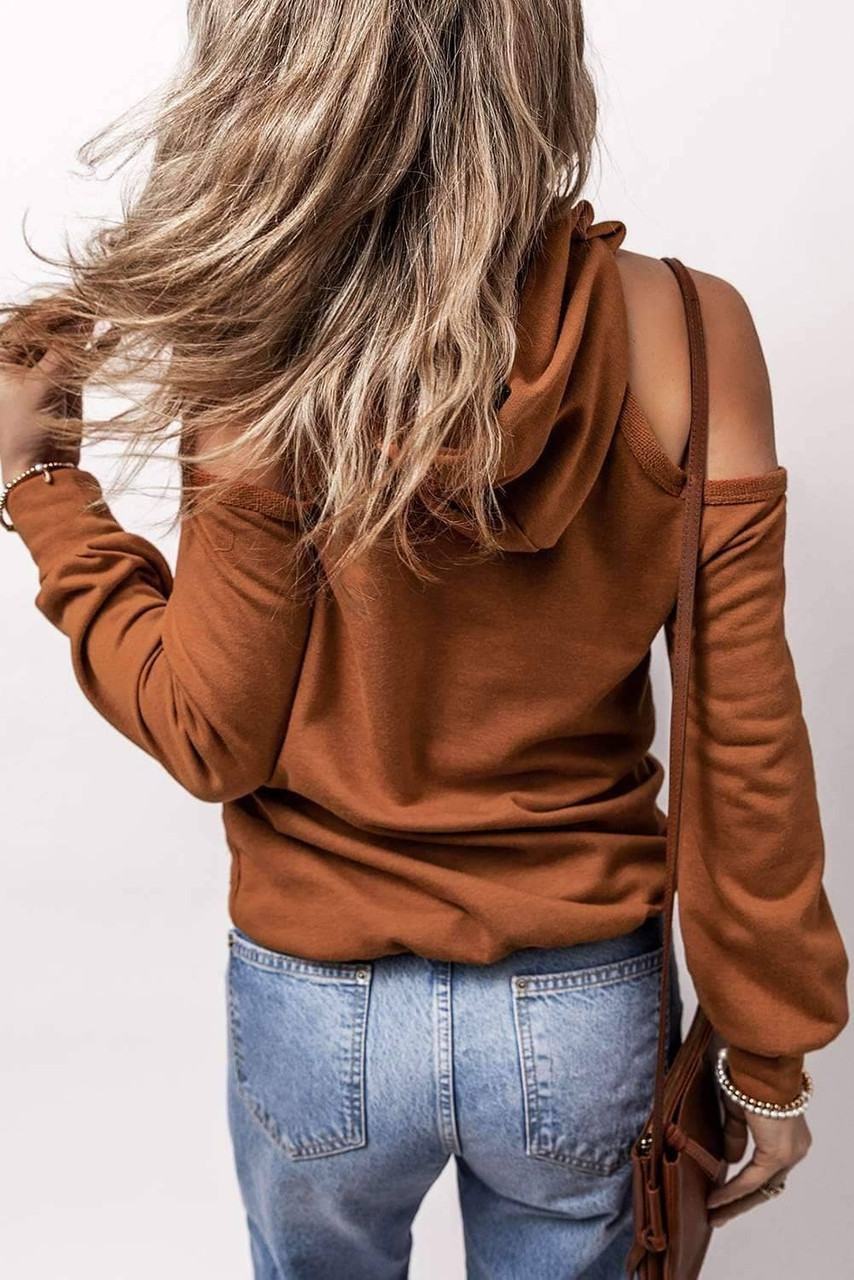 Cinnamon Exposed Seam Cold Shoulder Drawstring Hoodie Cinnamon Exposed Seam Cold Shoulder Drawstring Hoodie