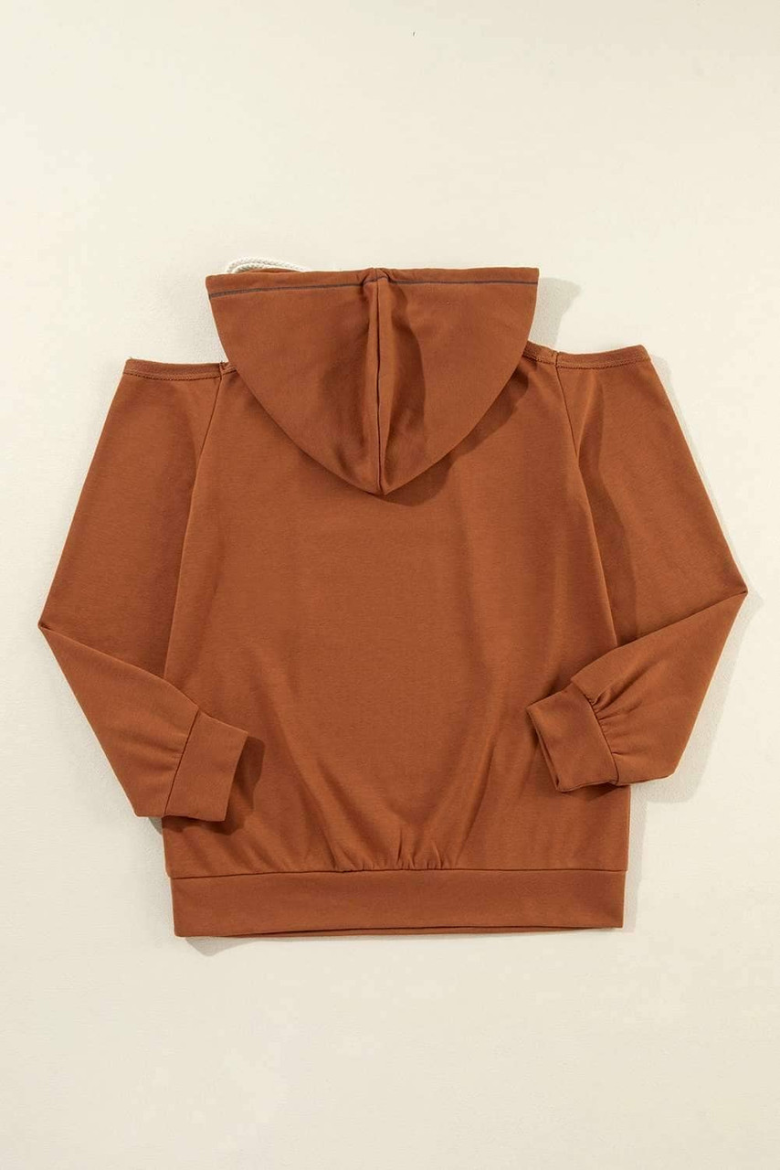 Cinnamon Exposed Seam Cold Shoulder Drawstring Hoodie Cinnamon Exposed Seam Cold Shoulder Drawstring Hoodie