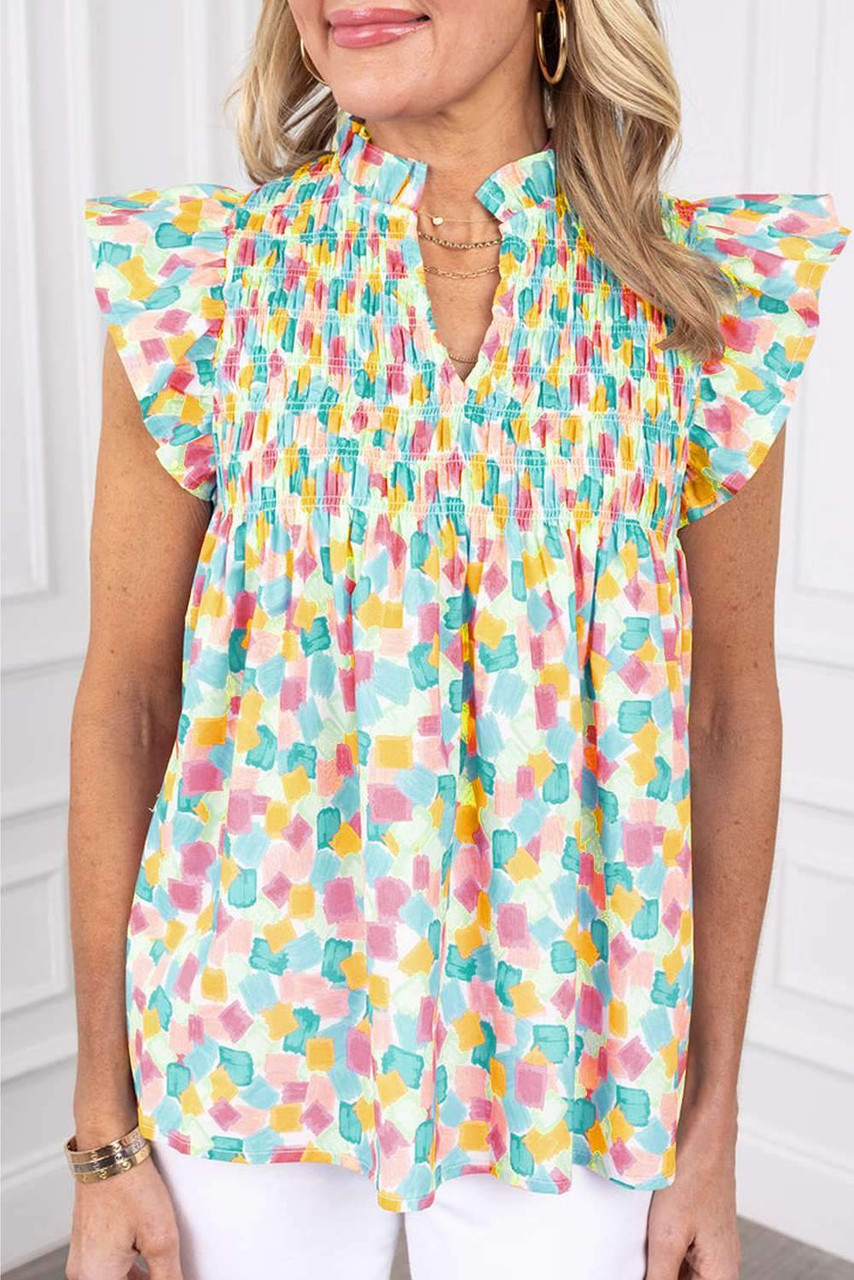 Green Shirred Yoke Ruffled Abstract Printed Blouse Green Shirred Yoke Ruffled Abstract Printed Blouse