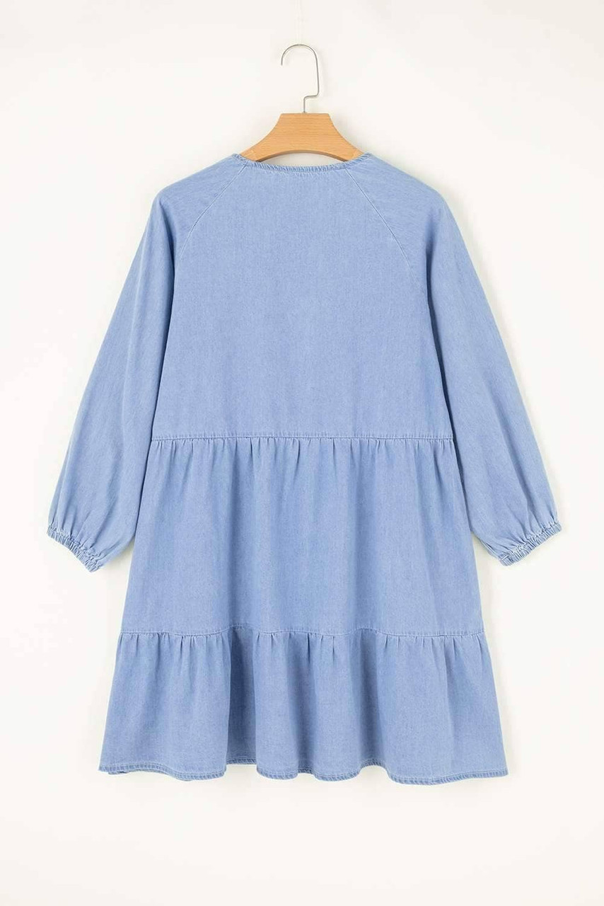 Beau Blue Puff Sleeve V Neck Tiered Ruffled Chambray Mini Dress
