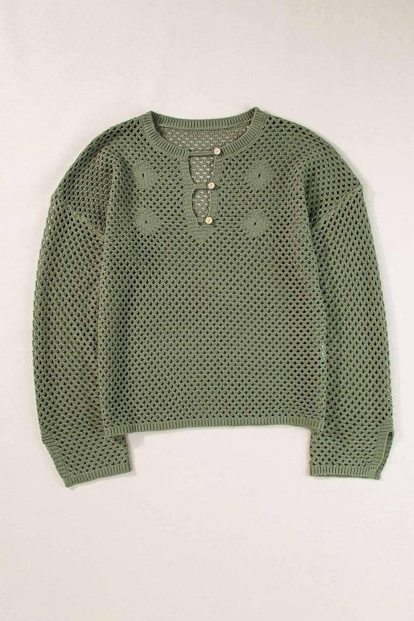 Vineyard Green Open Knit Buttoned Neck Split Sleeve Sweater