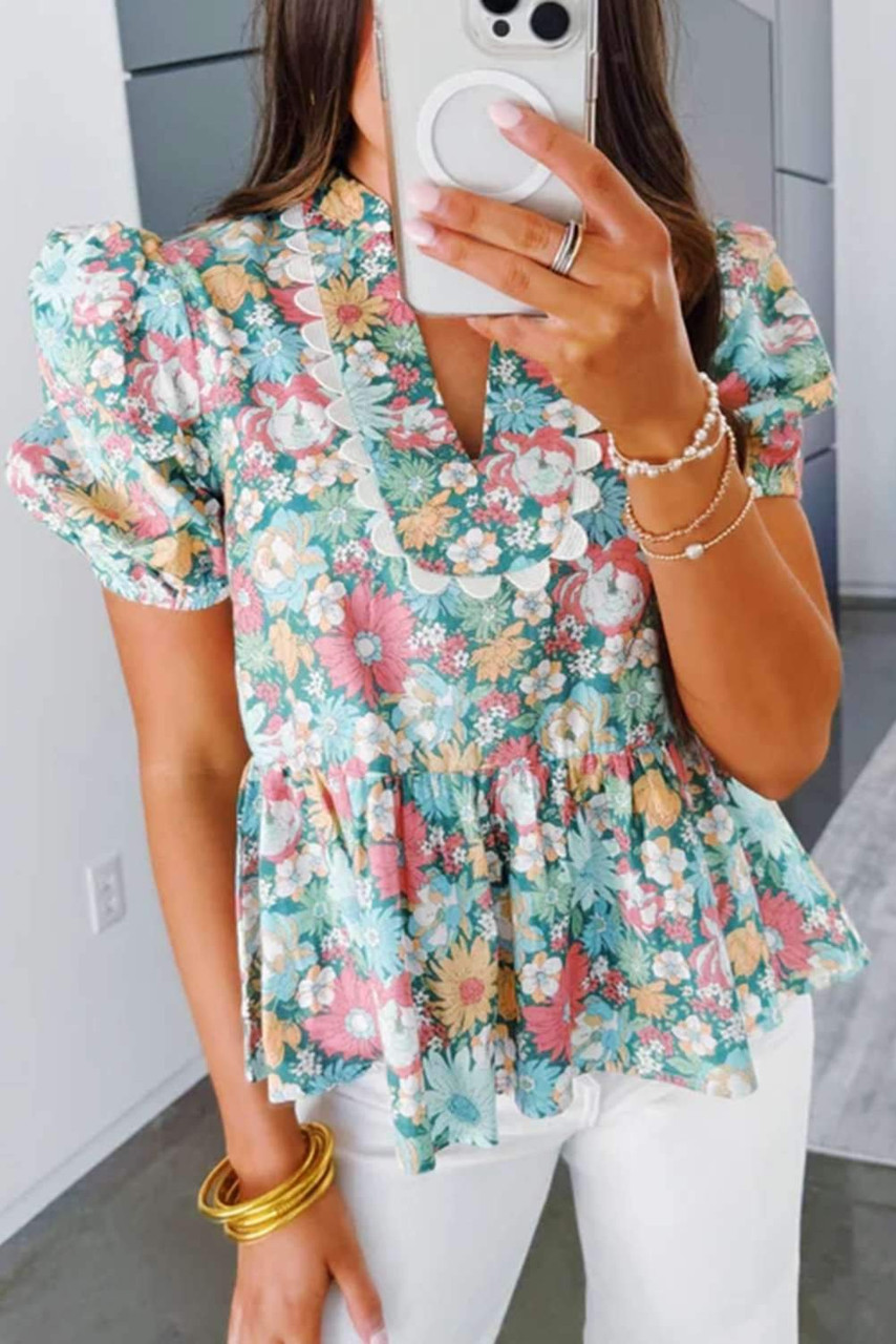 Multicolour Notched Neck Puff Short Sleeve Floral Blouse Multicolour Notched Neck Puff Short Sleeve Floral Blouse