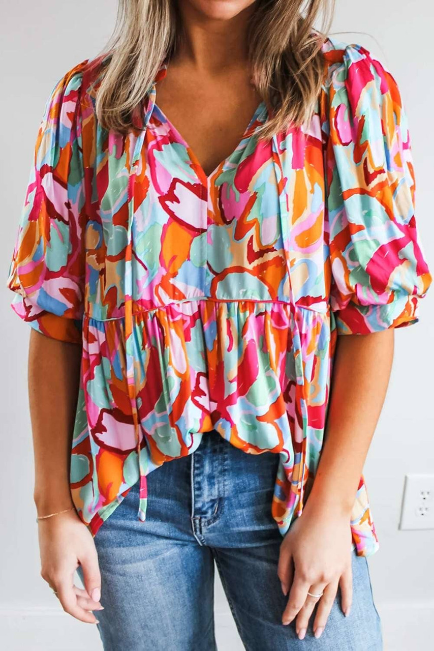 Rose Red Abstract Print Drawstring V Neck Half Sleeve Blouse Rose Red Abstract Print Drawstring V Neck Half Sleeve Blouse