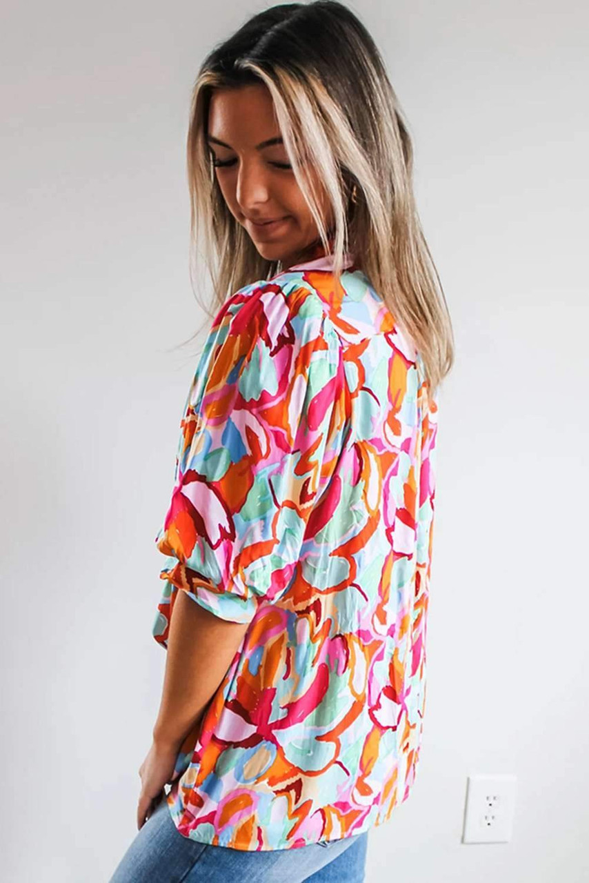 Rose Red Abstract Print Drawstring V Neck Half Sleeve Blouse Rose Red Abstract Print Drawstring V Neck Half Sleeve Blouse