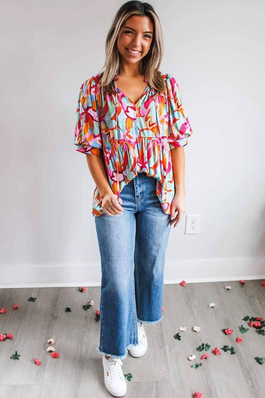 Rose Red Abstract Print Drawstring V Neck Half Sleeve Blouse Rose Red Abstract Print Drawstring V Neck Half Sleeve Blouse