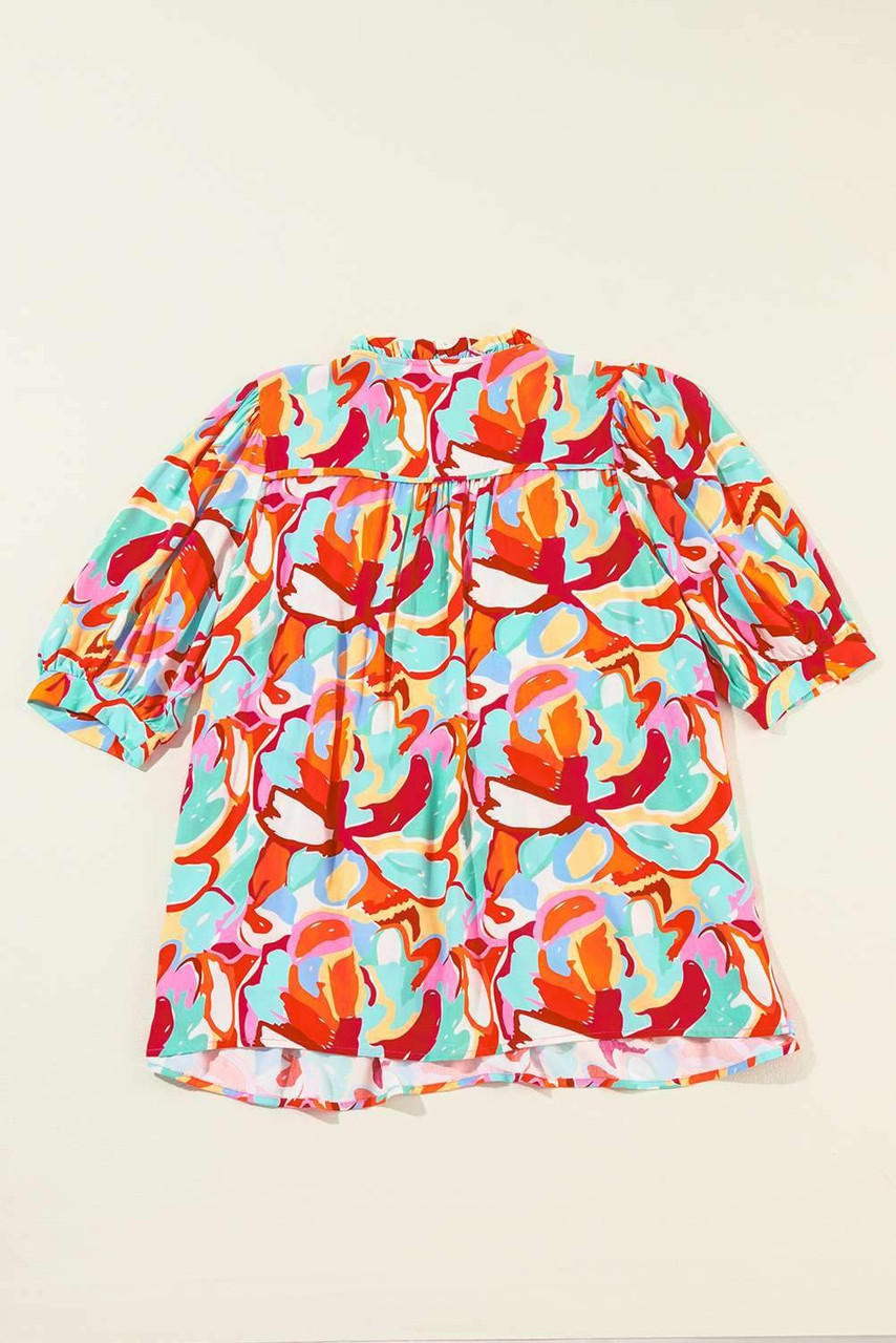 Rose Red Abstract Print Drawstring V Neck Half Sleeve Blouse Rose Red Abstract Print Drawstring V Neck Half Sleeve Blouse