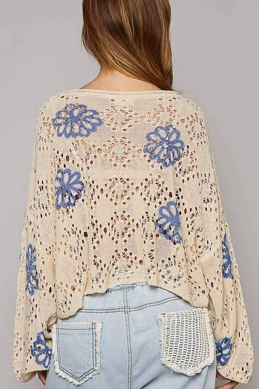 Beige Contrast Flower Print Eyelet Drop Shoulder Sweater