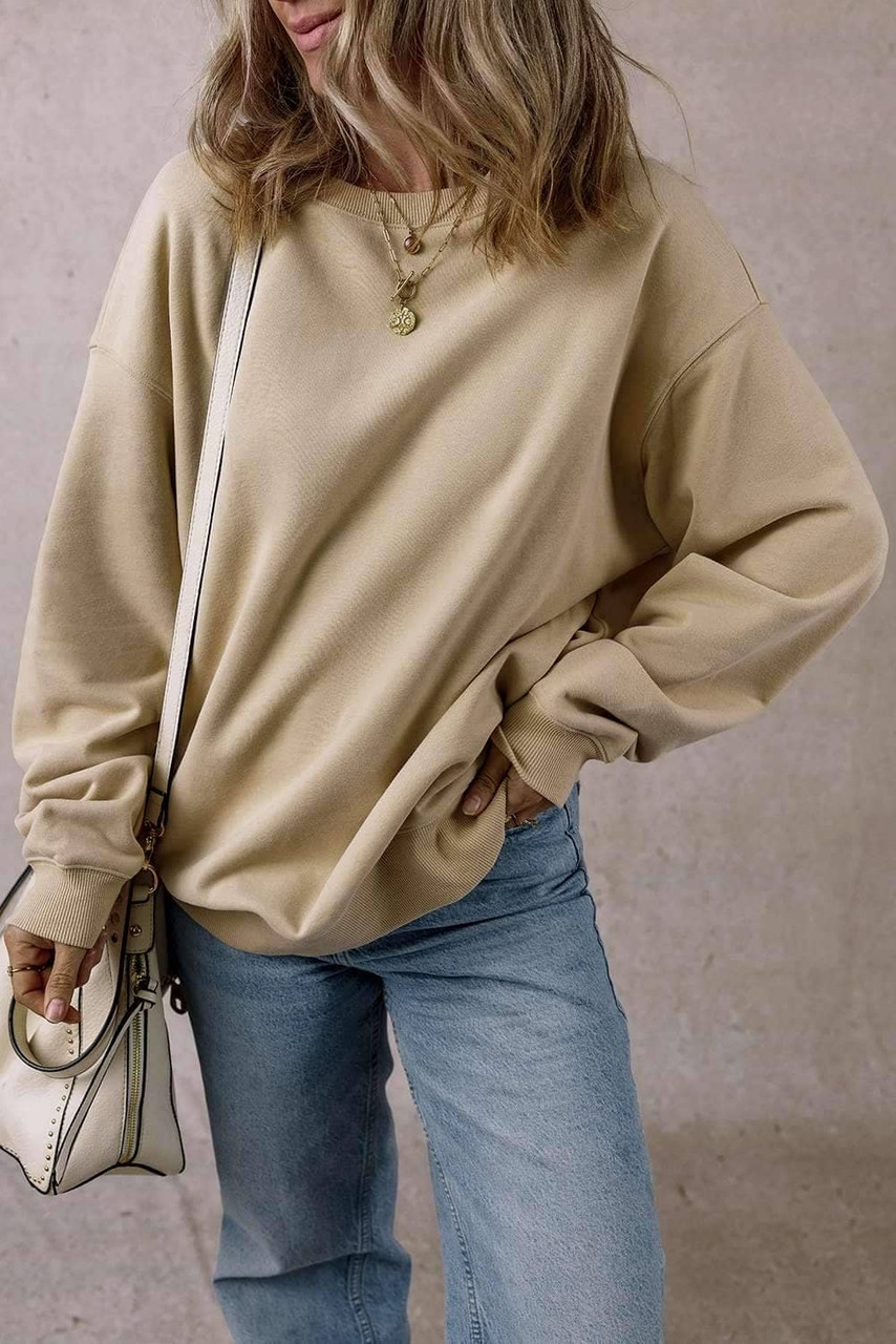 Parchment Solid Fleece Lined Crew Neck Casual Sweatshirt Parchment Solid Fleece Lined Crew Neck Casual Sweatshirt