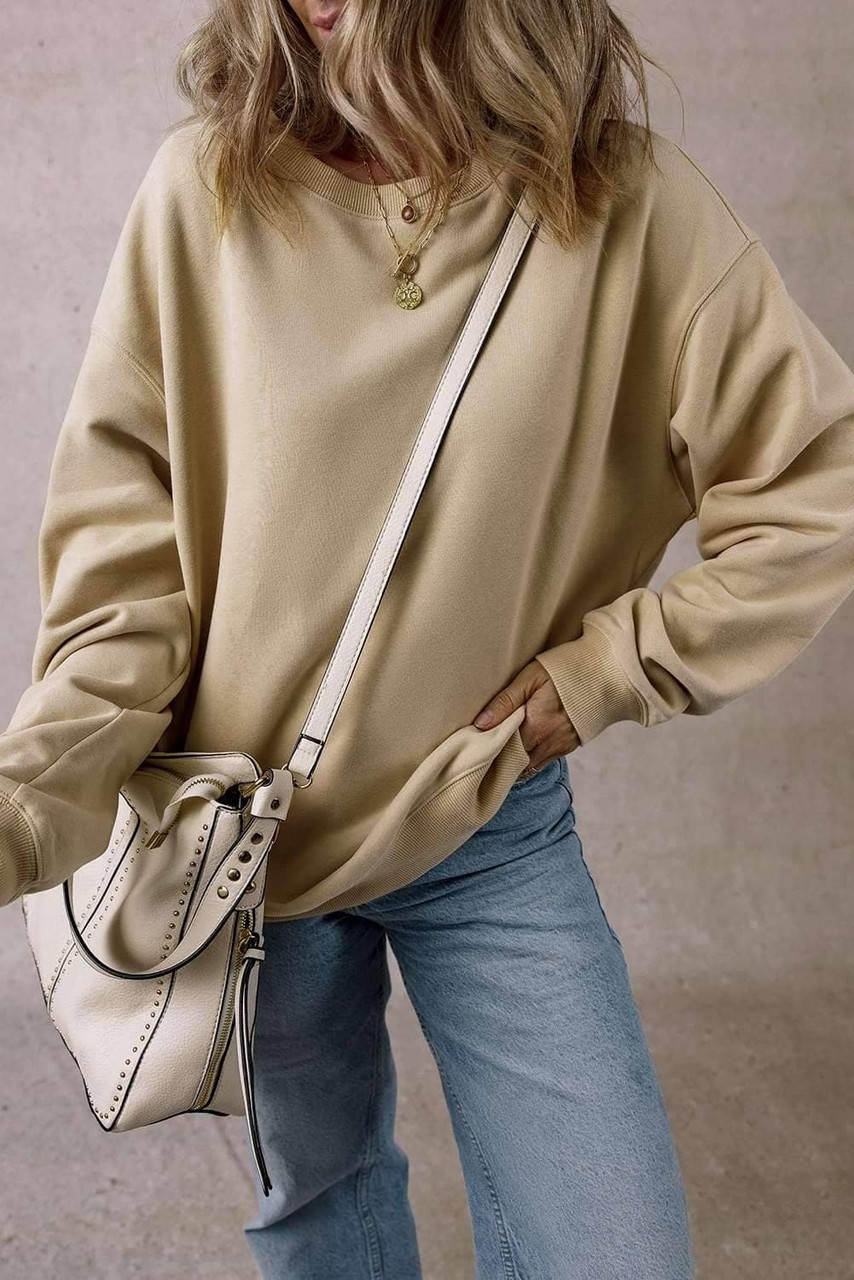 Parchment Solid Fleece Lined Crew Neck Casual Sweatshirt Parchment Solid Fleece Lined Crew Neck Casual Sweatshirt