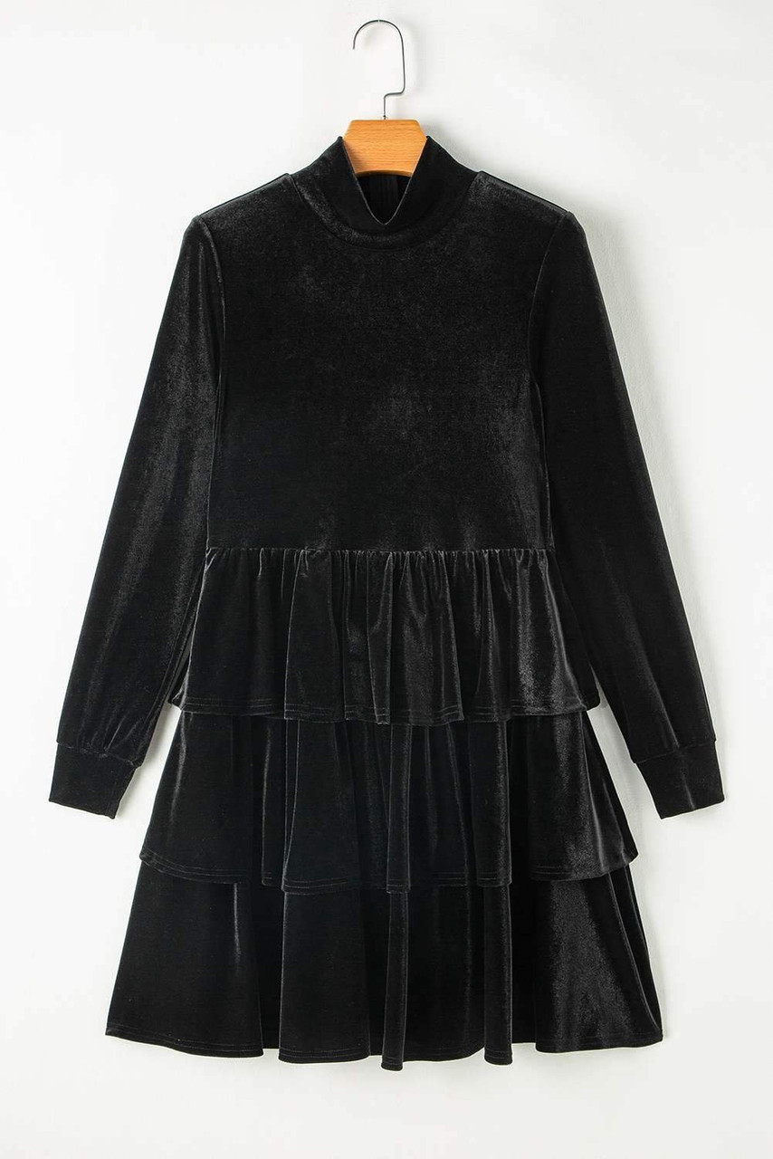 Black Velvet High Neck Tiered Ruffle Mini Dress