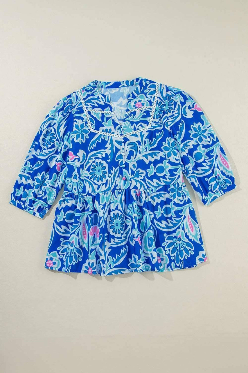 Blue Mix Floral Printed Lace Detail Bracelet Sleeve Blouse Blue Mix Floral Printed Lace Detail Bracelet Sleeve Blouse