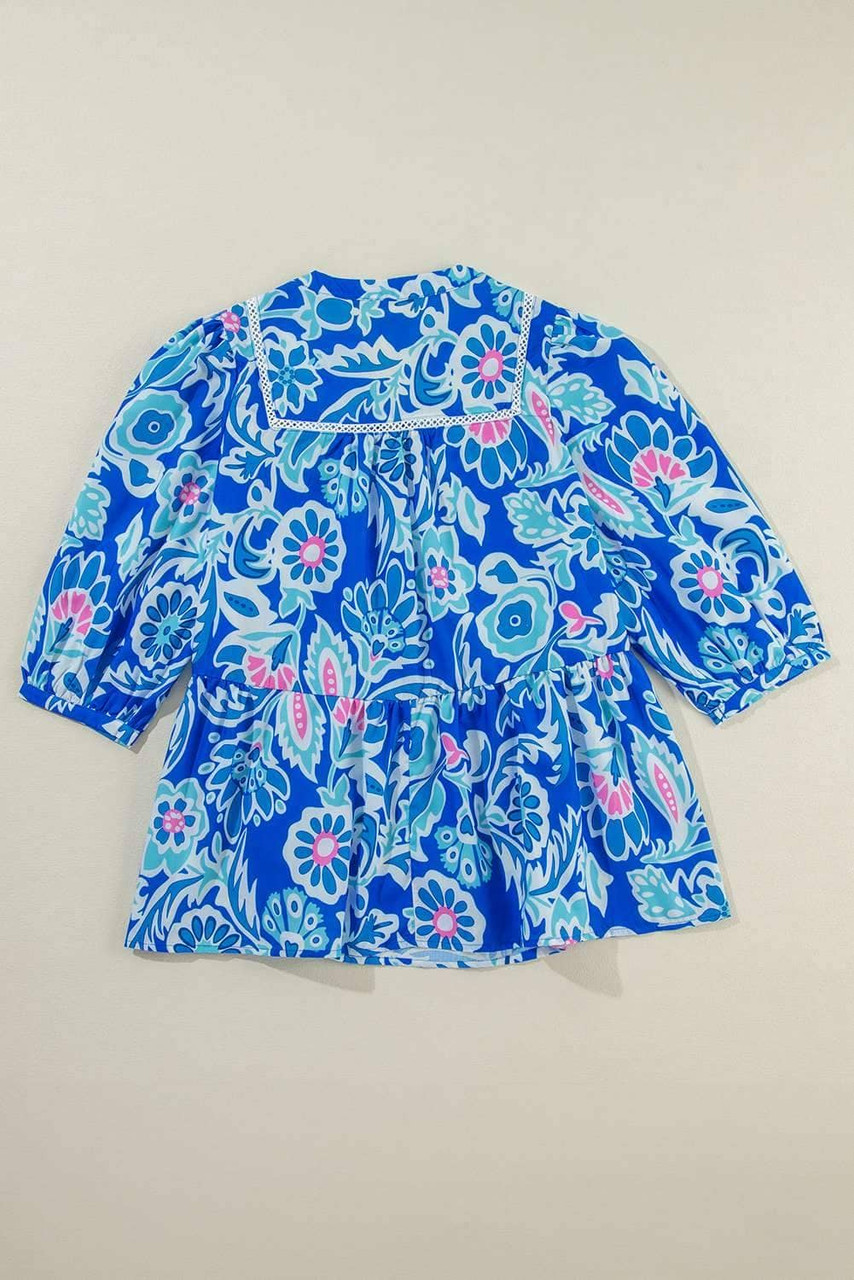 Blue Mix Floral Printed Lace Detail Bracelet Sleeve Blouse Blue Mix Floral Printed Lace Detail Bracelet Sleeve Blouse