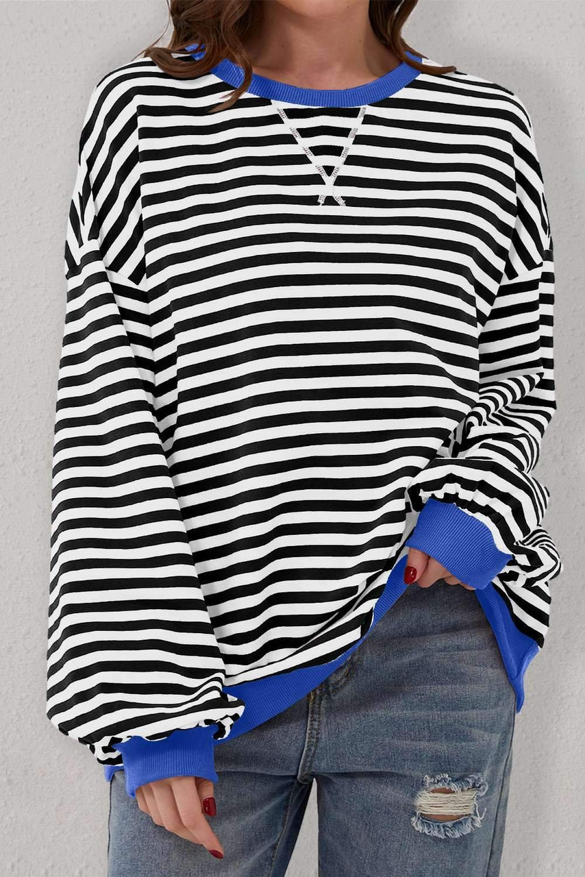 Black Stripe Oversized Contrast Trim Pullover Sweatshirt Black Stripe Oversized Contrast Trim Pullover Sweatshirt