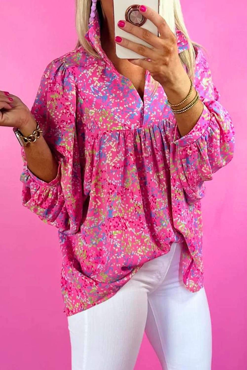 Bonbon Abstract Print Collared V Neck Babydoll Blouse Bonbon Abstract Print Collared V Neck Babydoll Blouse