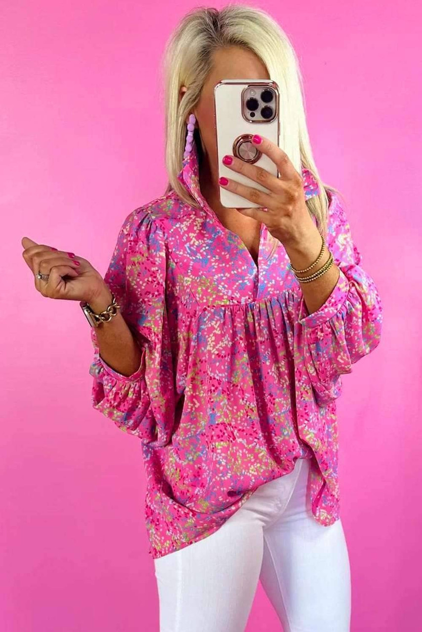 Bonbon Abstract Print Collared V Neck Babydoll Blouse Bonbon Abstract Print Collared V Neck Babydoll Blouse