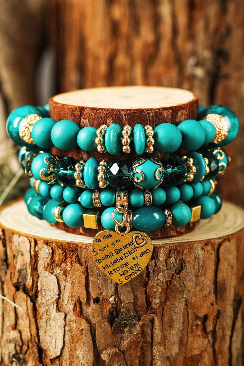 Turquoise Heart Shape Pendant Multi Layered Beaded Bracelet Set Turquoise Heart Shape Pendant Multi Layered Beaded Bracelet Set