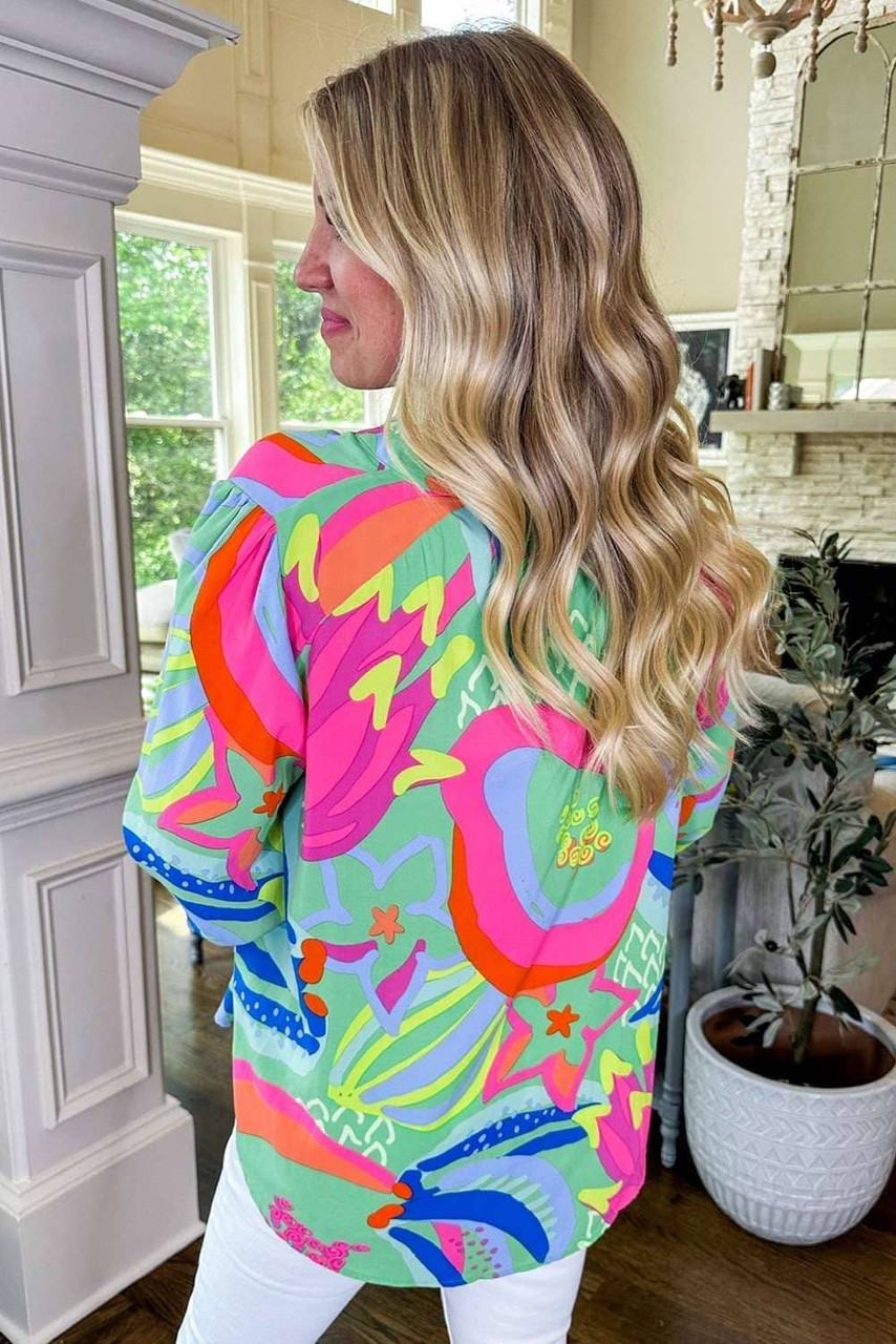 Green Abstract Print Ruffled Sleeve Buttoned V Neck Blouse Green Abstract Print Ruffled Sleeve Buttoned V Neck Blouse