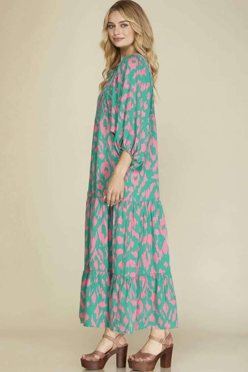 Green Abstract Print Puff Sleeve Tied Notched Neck Long Dress